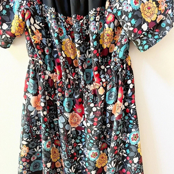 Ann Taylor Loft Black Floral Off Shoulder Dress Women's Sz Small Petite Boho - Picture 7 of 12